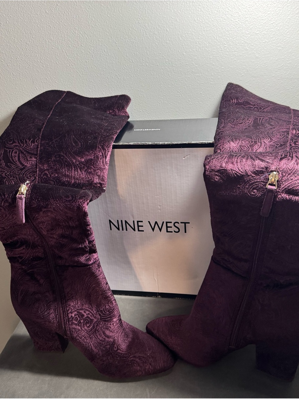 Nine West Plum Paisley Mid-Calf Block Heel Boots